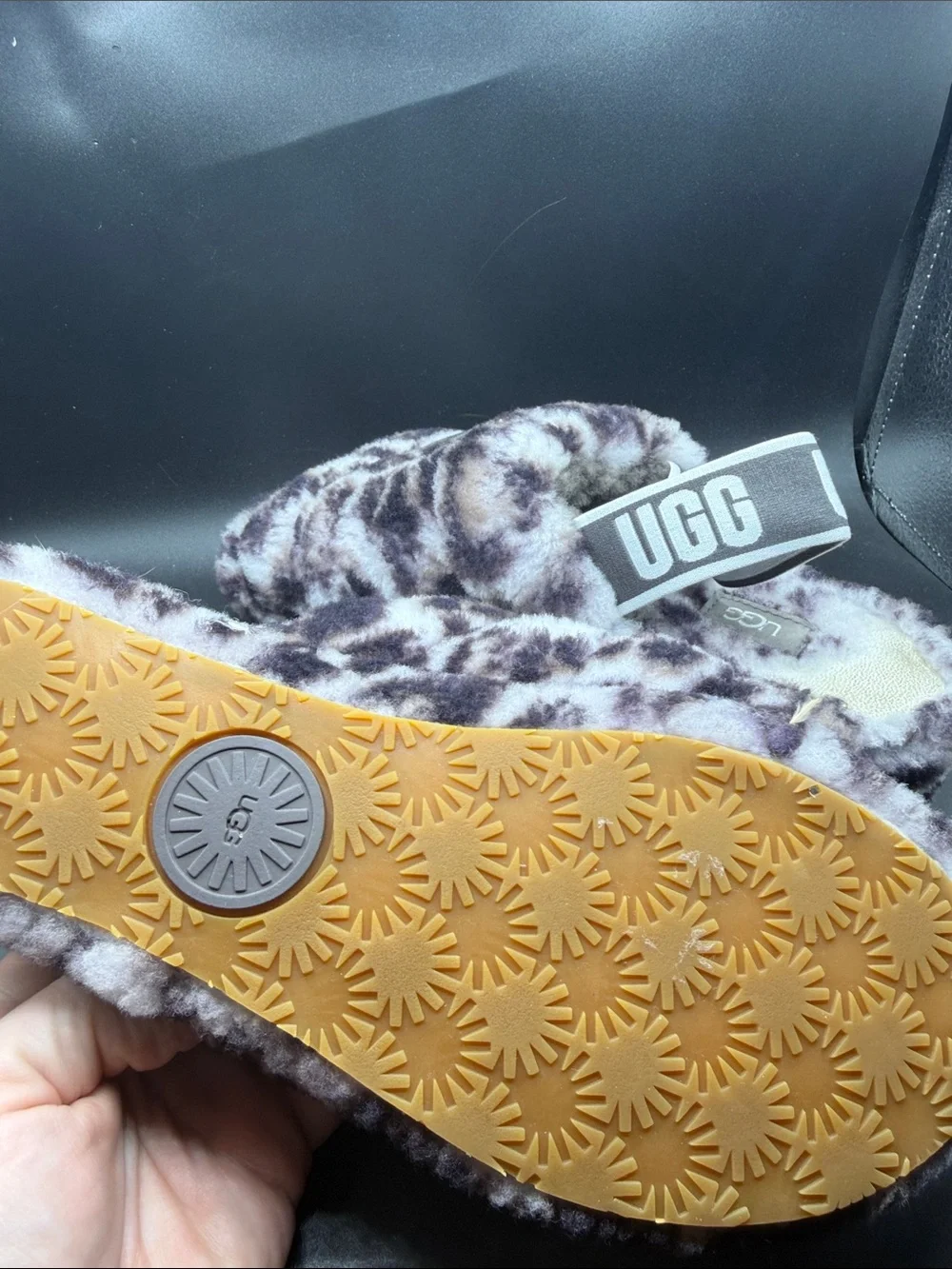 UGG Faux Fur Leopard Print Slide Slippers - Gray/Black